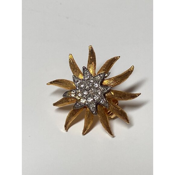 Atomic Sputnik Starburst Rhinestone Brooch Clip Earrings Set Two Tone Metal VTG - Picture 2 of 16